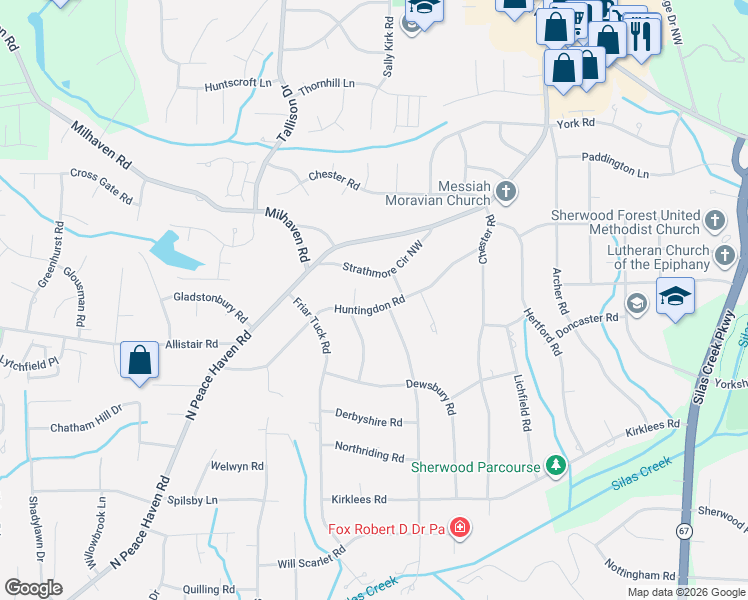 map of restaurants, bars, coffee shops, grocery stores, and more near 1175 Strathmore Circle Northwest in Winston-Salem
