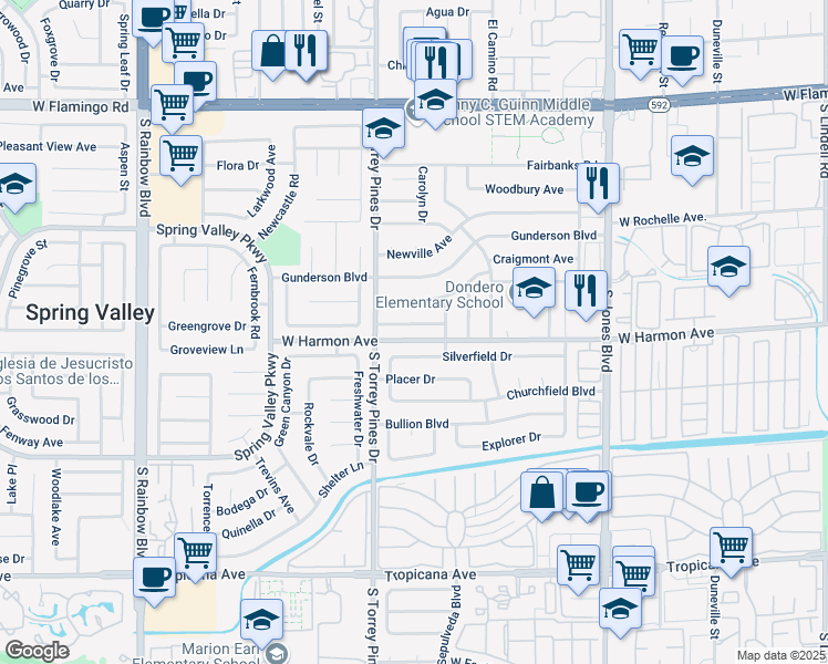 map of restaurants, bars, coffee shops, grocery stores, and more near 6429 Bugbee Avenue in Las Vegas