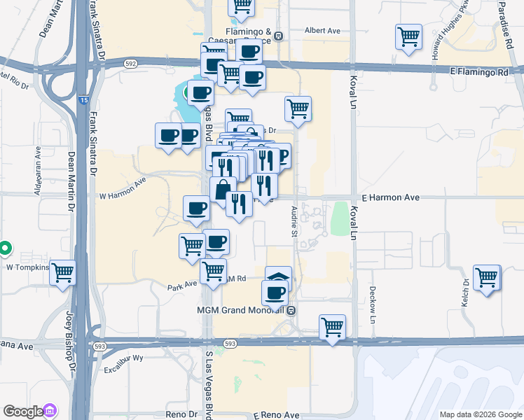 map of restaurants, bars, coffee shops, grocery stores, and more near 78 East Harmon Avenue in Las Vegas