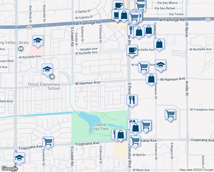 map of restaurants, bars, coffee shops, grocery stores, and more near 5168 Ridge Court in Las Vegas