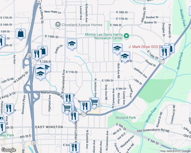 map of restaurants, bars, coffee shops, grocery stores, and more near 1100 North Jackson Avenue in Winston-Salem