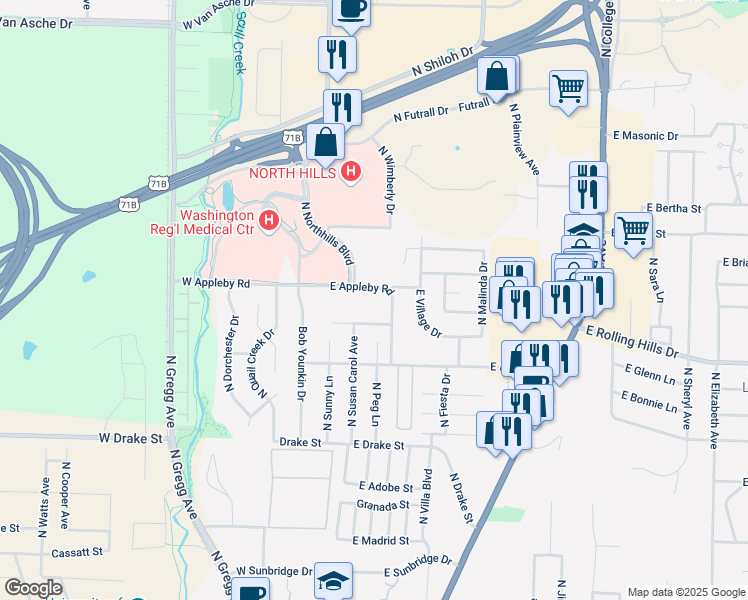 map of restaurants, bars, coffee shops, grocery stores, and more near 53-57 West Appleby Road in Fayetteville