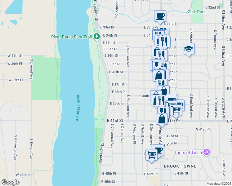 map of restaurants, bars, coffee shops, grocery stores, and more near 914 East 37th Place in Tulsa