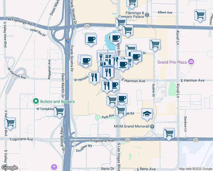 map of restaurants, bars, coffee shops, grocery stores, and more near 3722 South Las Vegas Boulevard in Las Vegas