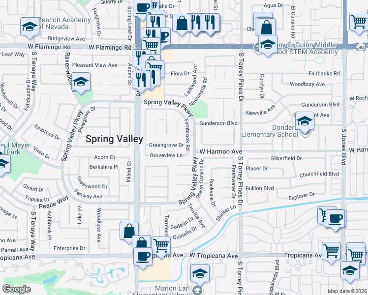 map of restaurants, bars, coffee shops, grocery stores, and more near 4483 Fernbrook Road in Las Vegas