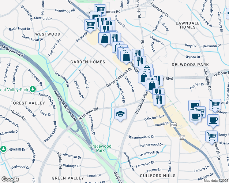 map of restaurants, bars, coffee shops, grocery stores, and more near 2802 David Caldwell Drive in Greensboro