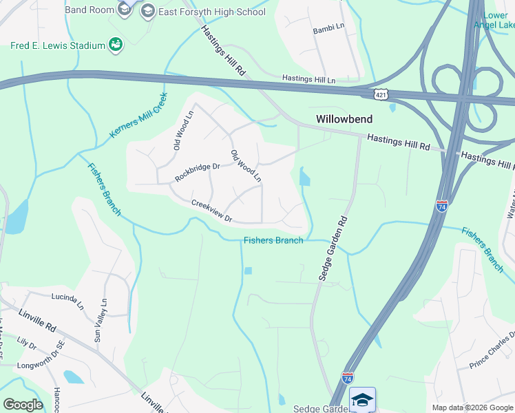 map of restaurants, bars, coffee shops, grocery stores, and more near 460 Old Wood Lane in Kernersville