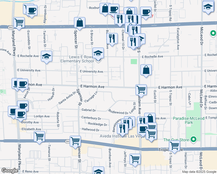 map of restaurants, bars, coffee shops, grocery stores, and more near Burnham Avenue in Las Vegas