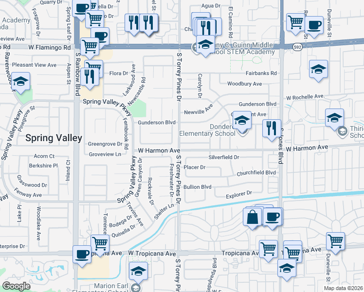 map of restaurants, bars, coffee shops, grocery stores, and more near 6489 Bugbee Avenue in Las Vegas