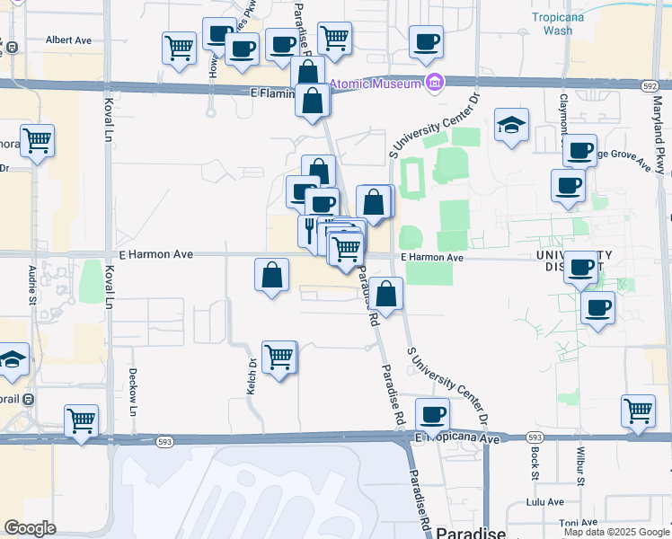 map of restaurants, bars, coffee shops, grocery stores, and more near 529 East Harmon Avenue in Las Vegas