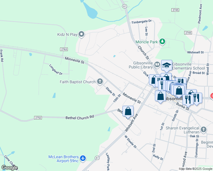 map of restaurants, bars, coffee shops, grocery stores, and more near 628 Slade Street in Gibsonville