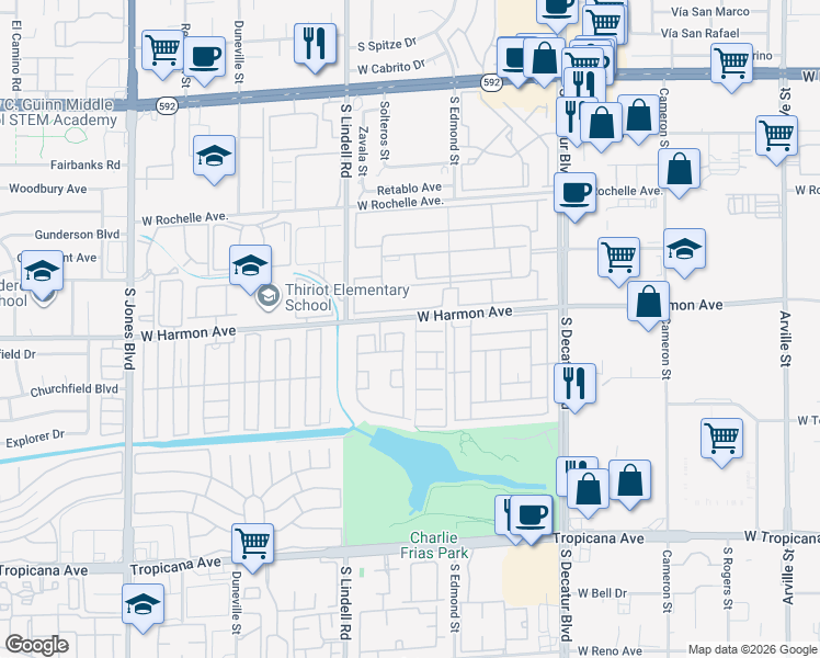 map of restaurants, bars, coffee shops, grocery stores, and more near 5415 West Harmon Avenue in Las Vegas