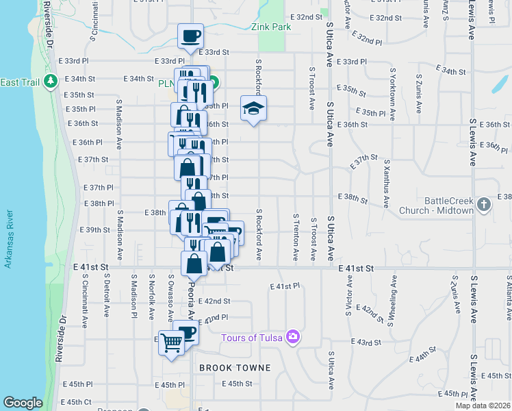 map of restaurants, bars, coffee shops, grocery stores, and more near 3806 South Rockford Avenue in Tulsa