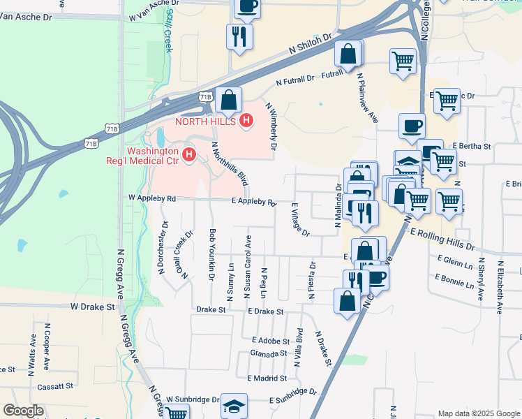 map of restaurants, bars, coffee shops, grocery stores, and more near 53 West Appleby Road in Fayetteville