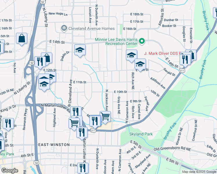 map of restaurants, bars, coffee shops, grocery stores, and more near 1005 North Jackson Avenue in Winston-Salem