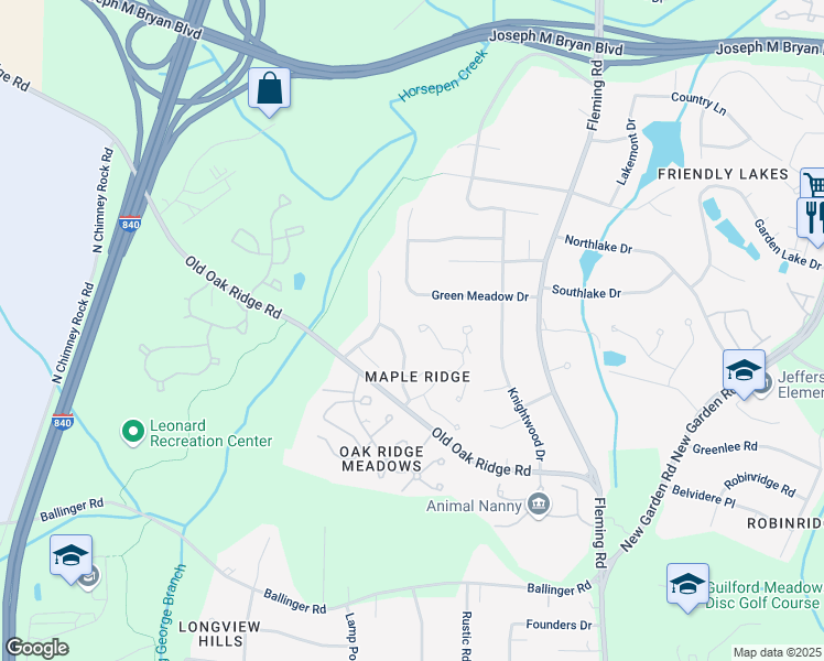 map of restaurants, bars, coffee shops, grocery stores, and more near 1435 Grantland Place in Greensboro