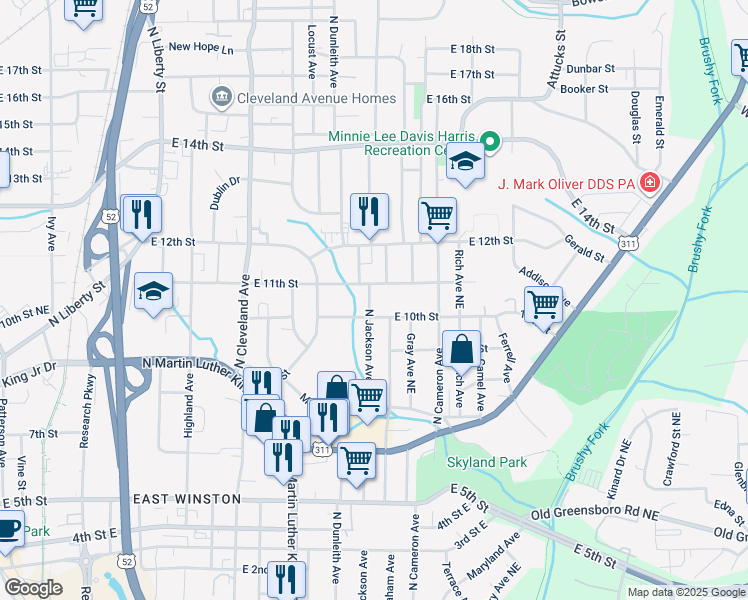map of restaurants, bars, coffee shops, grocery stores, and more near 1005 North Jackson Avenue in Winston-Salem