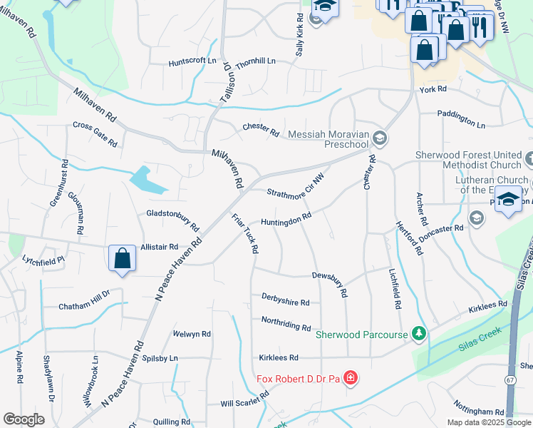 map of restaurants, bars, coffee shops, grocery stores, and more near 1132 Huntingdon Road in Winston-Salem