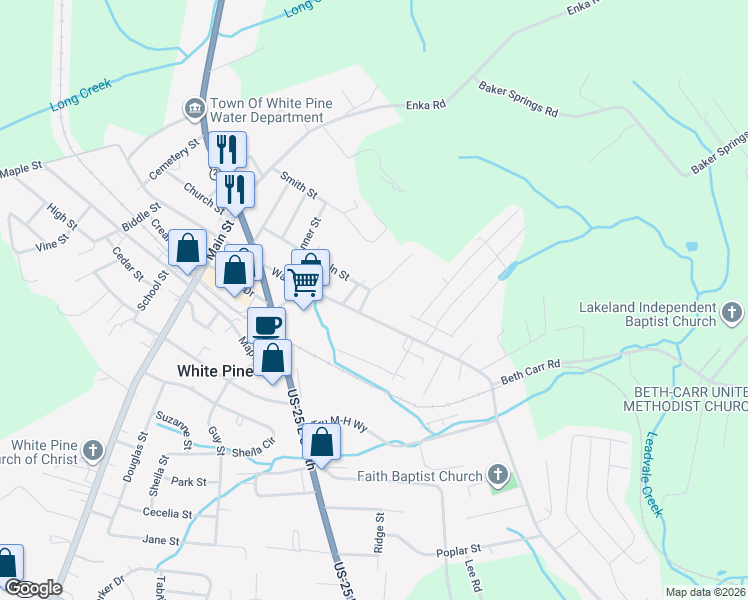 map of restaurants, bars, coffee shops, grocery stores, and more near 3240 Lincoln Street in White Pine