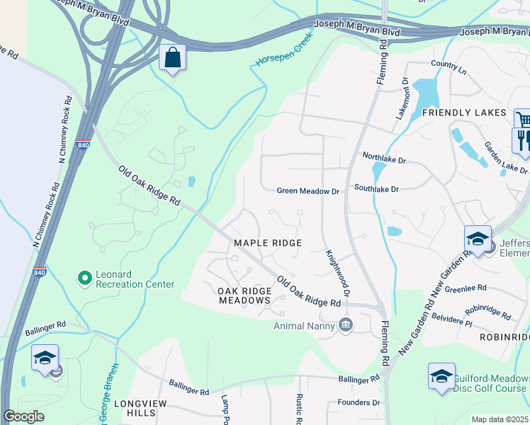 map of restaurants, bars, coffee shops, grocery stores, and more near 1435 Grantland Place in Greensboro