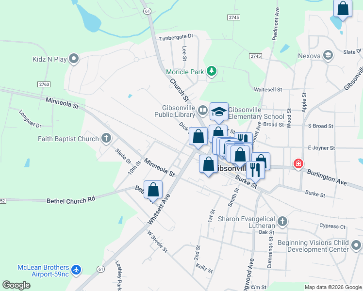 map of restaurants, bars, coffee shops, grocery stores, and more near 102 South Joyner Street in Gibsonville