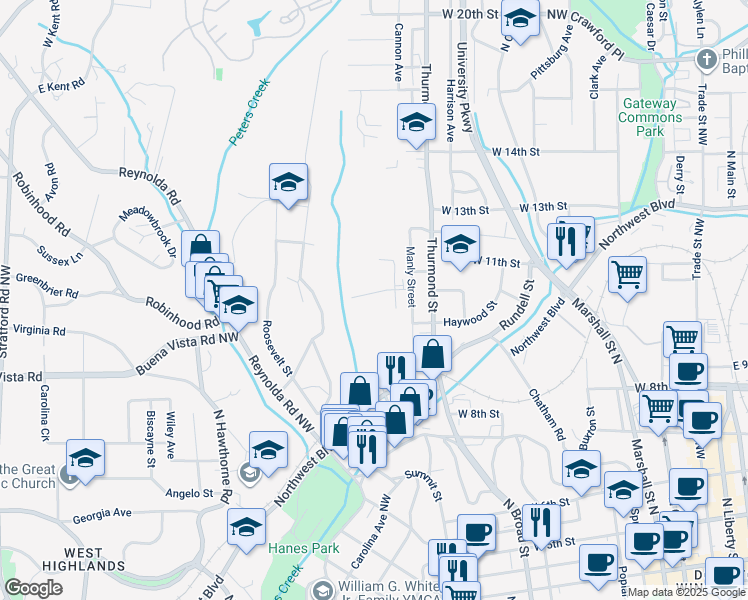 map of restaurants, bars, coffee shops, grocery stores, and more near 2012 Row Street in Winston-Salem