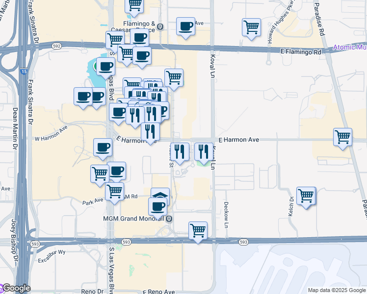 map of restaurants, bars, coffee shops, grocery stores, and more near 125 East Harmon Avenue in Las Vegas