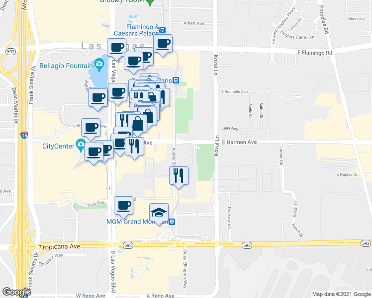 map of restaurants, bars, coffee shops, grocery stores, and more near 110 East Harmon Avenue in Las Vegas