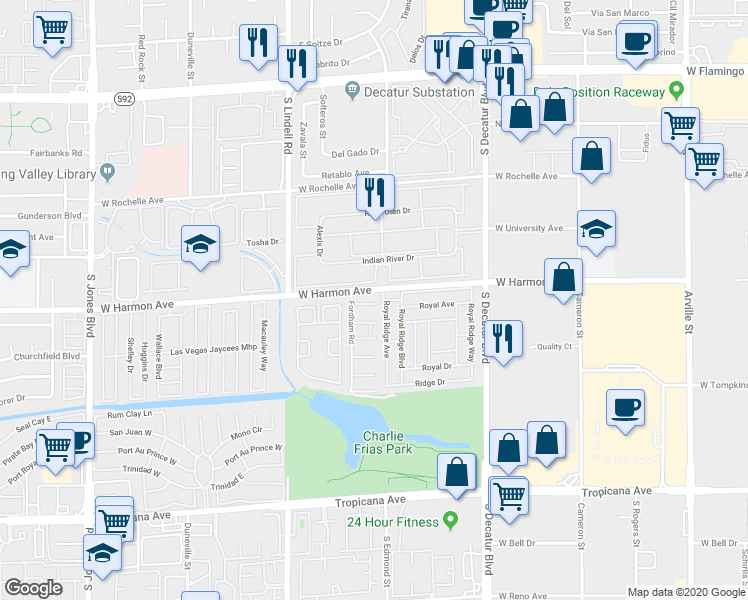 map of restaurants, bars, coffee shops, grocery stores, and more near 5250 Fordham Road in Las Vegas