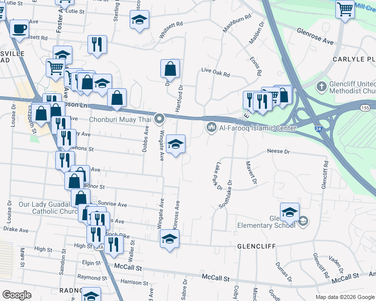 map of restaurants, bars, coffee shops, grocery stores, and more near 2929 Selena Drive in Nashville
