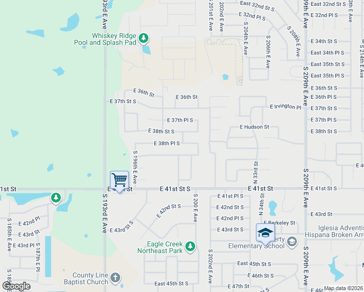 map of restaurants, bars, coffee shops, grocery stores, and more near 19717 East 38th Place South in Broken Arrow