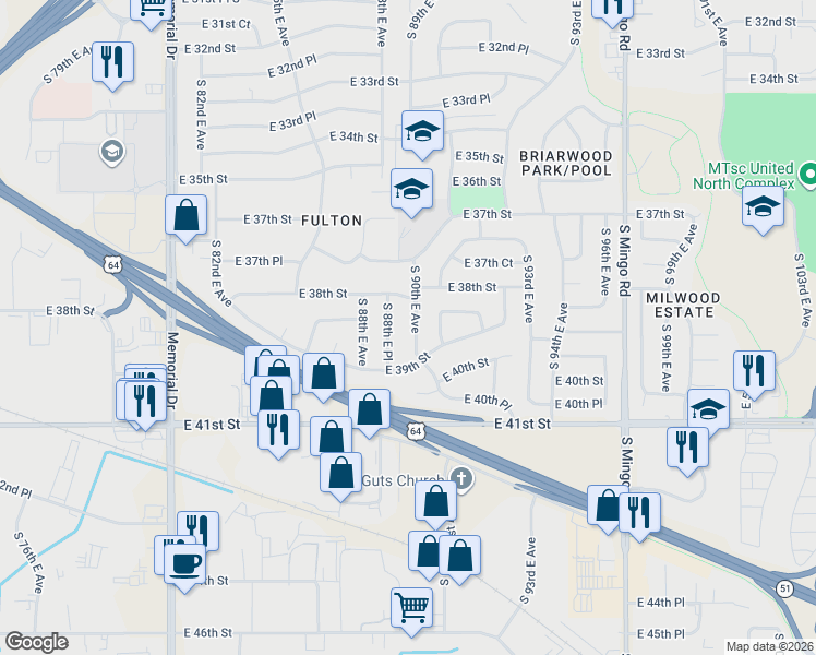 map of restaurants, bars, coffee shops, grocery stores, and more near 3812 South 90th East Avenue in Tulsa