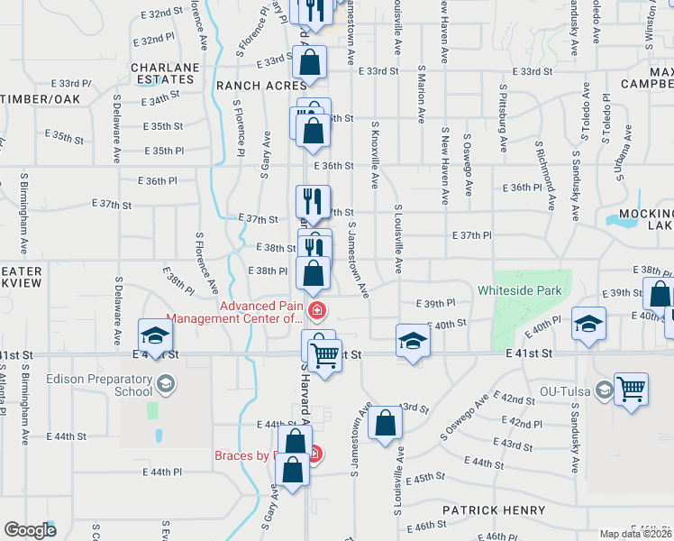 map of restaurants, bars, coffee shops, grocery stores, and more near 3419 East 38th Street in Tulsa