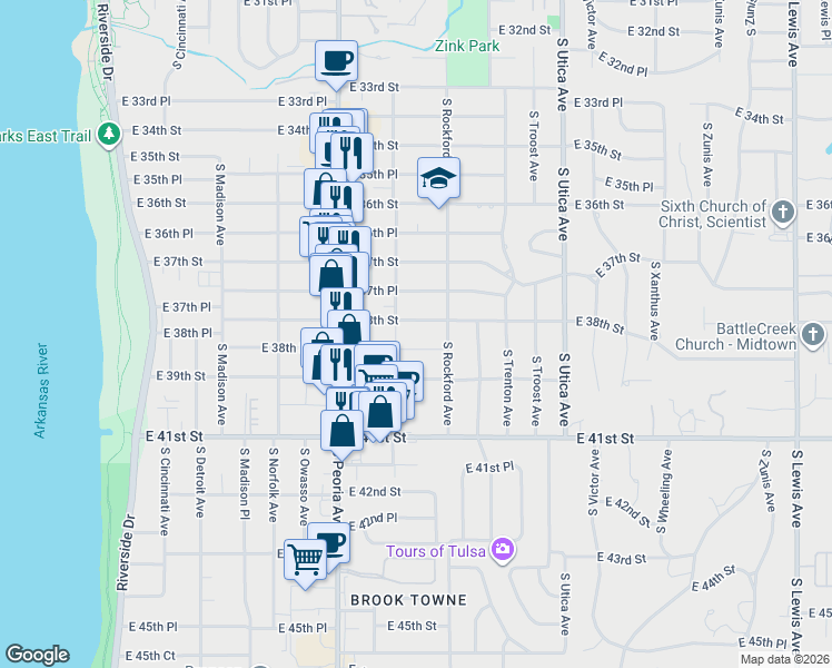 map of restaurants, bars, coffee shops, grocery stores, and more near 1407 East 38th Street in Tulsa