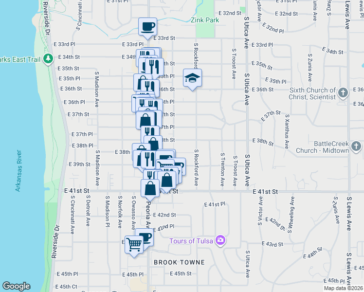 map of restaurants, bars, coffee shops, grocery stores, and more near 1407 East 38th Street in Tulsa