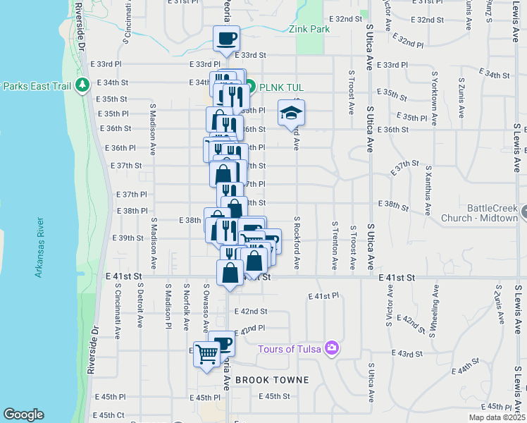 map of restaurants, bars, coffee shops, grocery stores, and more near 1407 East 38th Street in Tulsa
