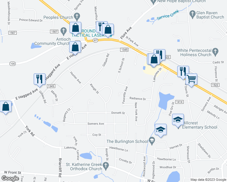 map of restaurants, bars, coffee shops, grocery stores, and more near 2027 Fox Run Road in Burlington