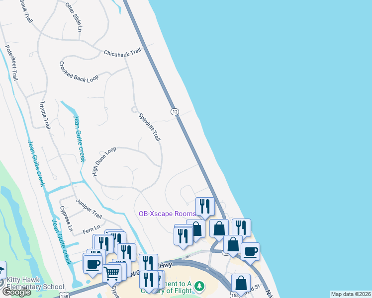 map of restaurants, bars, coffee shops, grocery stores, and more near 47 Ocean Boulevard in Kitty Hawk