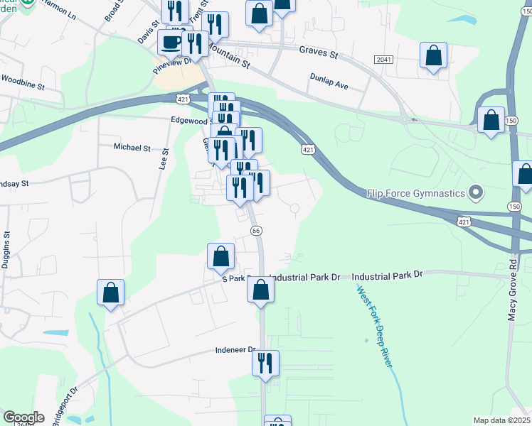 map of restaurants, bars, coffee shops, grocery stores, and more near North Carolina 66 in Kernersville