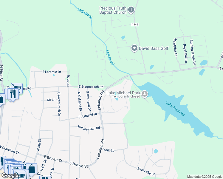 map of restaurants, bars, coffee shops, grocery stores, and more near 711 Village Lake Drive in Mebane