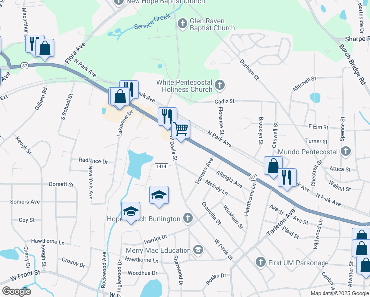 map of restaurants, bars, coffee shops, grocery stores, and more near 1780 West Webb Avenue in Burlington