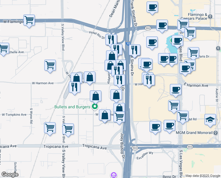map of restaurants, bars, coffee shops, grocery stores, and more near 4535 Dean Martin Drive in Las Vegas