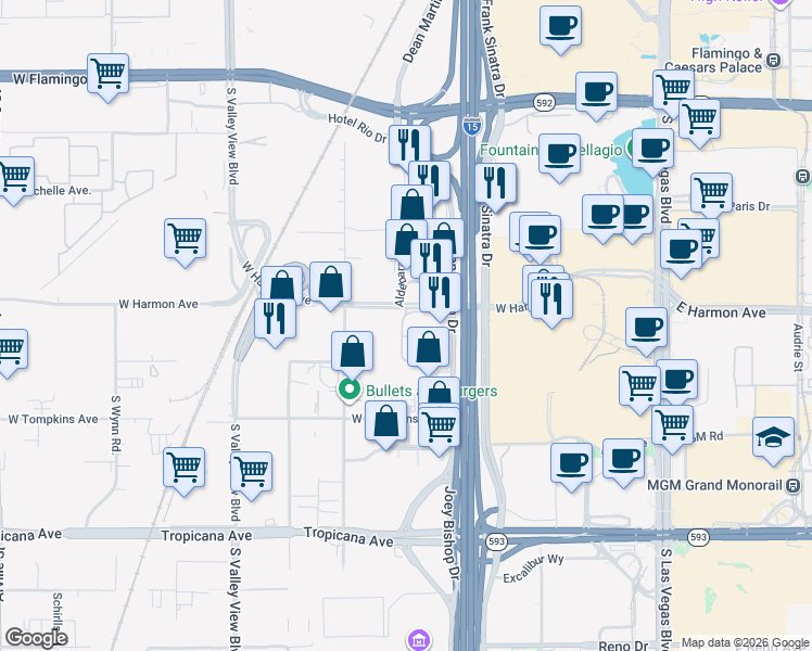 map of restaurants, bars, coffee shops, grocery stores, and more near 4535 Dean Martin Drive in Las Vegas