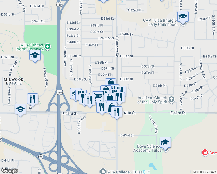 map of restaurants, bars, coffee shops, grocery stores, and more near 11026 East 38th Street in Tulsa