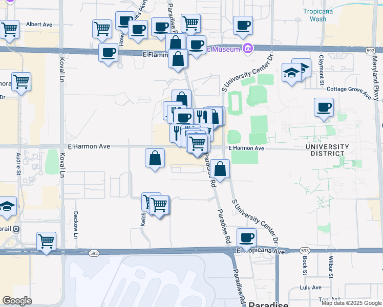 map of restaurants, bars, coffee shops, grocery stores, and more near 529 East Harmon Avenue in Las Vegas