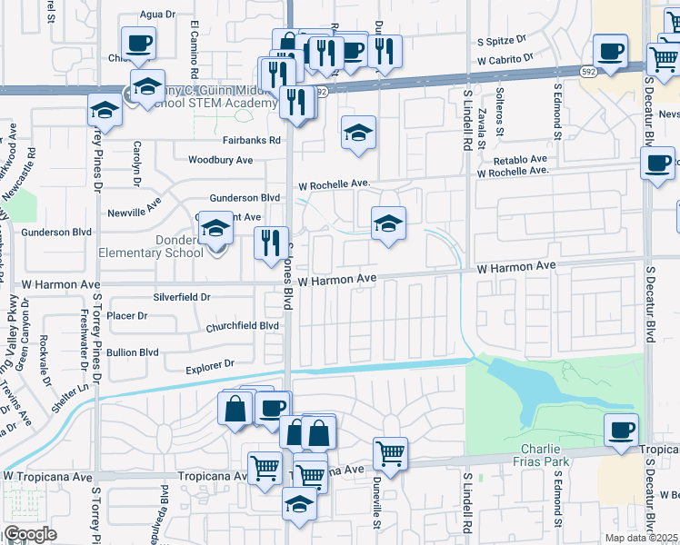 map of restaurants, bars, coffee shops, grocery stores, and more near 5870 West Harmon Avenue in Las Vegas