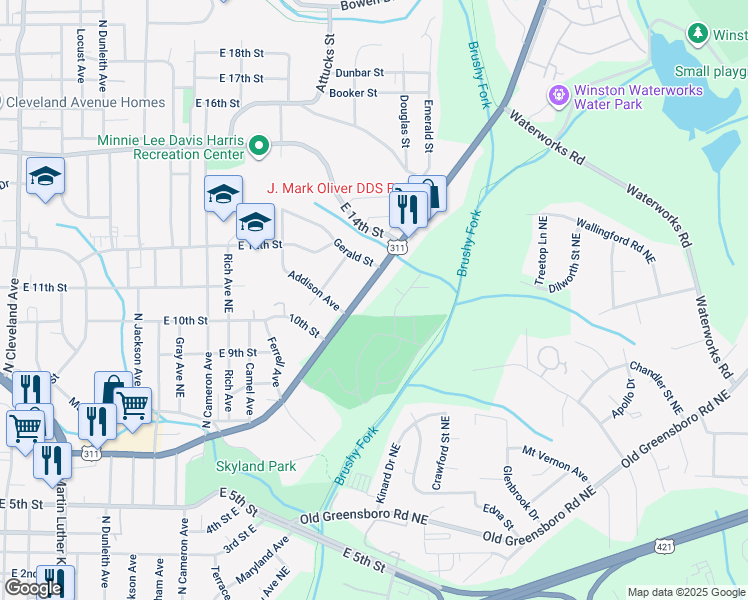 map of restaurants, bars, coffee shops, grocery stores, and more near 2426 New Walkertown Road in Winston-Salem
