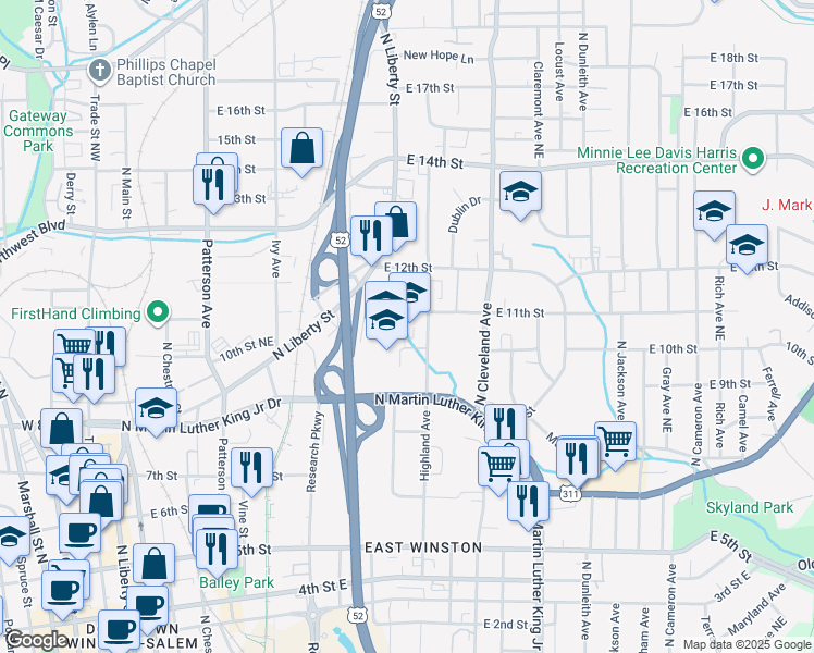map of restaurants, bars, coffee shops, grocery stores, and more near 910 Highland Court in Winston-Salem