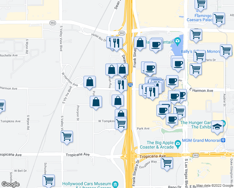 map of restaurants, bars, coffee shops, grocery stores, and more near 4525 S Dean Martin Dr in Las Vegas