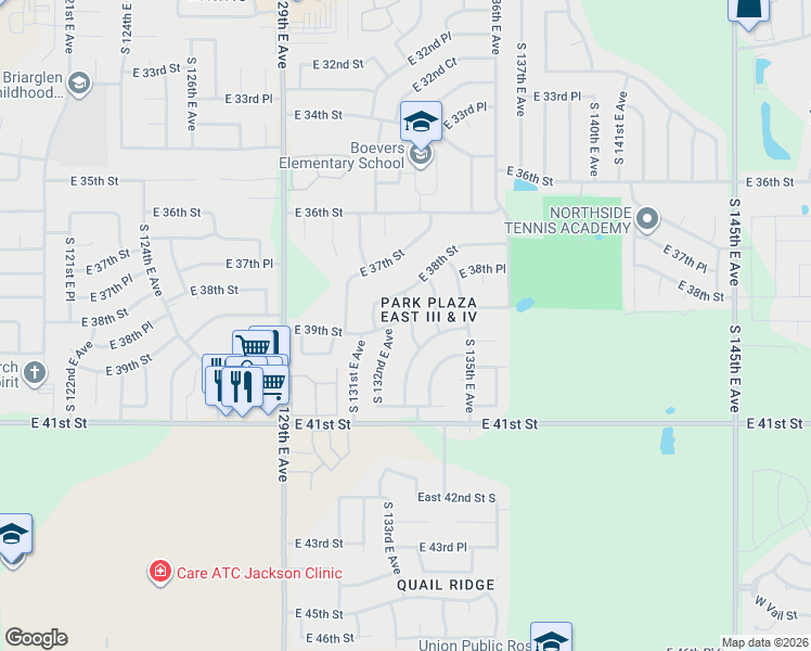 map of restaurants, bars, coffee shops, grocery stores, and more near 13205 East 39th Street in Tulsa